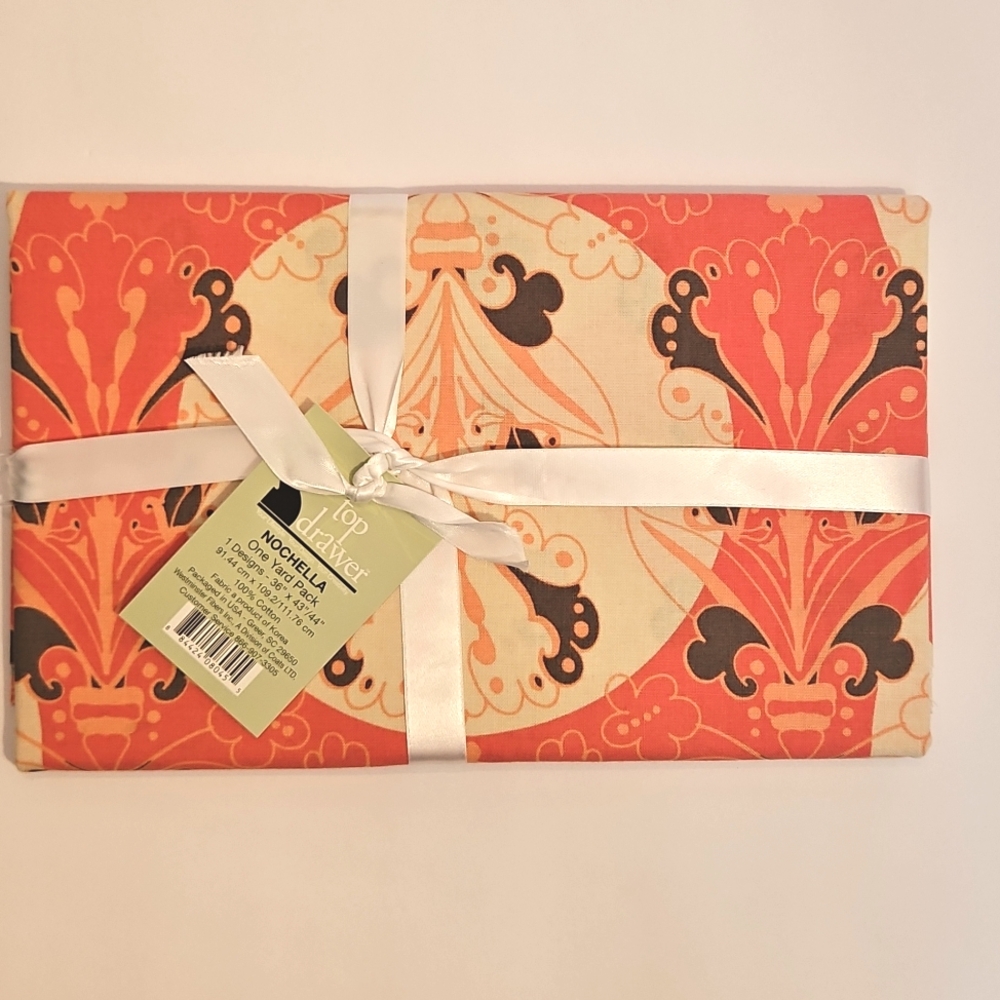 Tan & Pink Orange Nochella Pattern 100% Cotton Fabric Top Drawer 1 Yard Pack NEW
